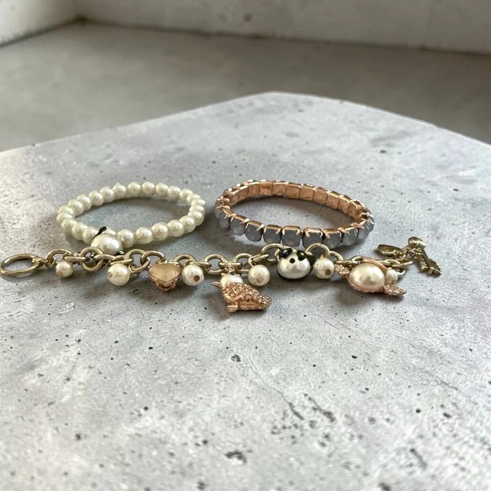 Betsey Johnson 3-PC Bracelet Set-Charm Bracelet,Faux Pearl Stretch & Blue Cryst
